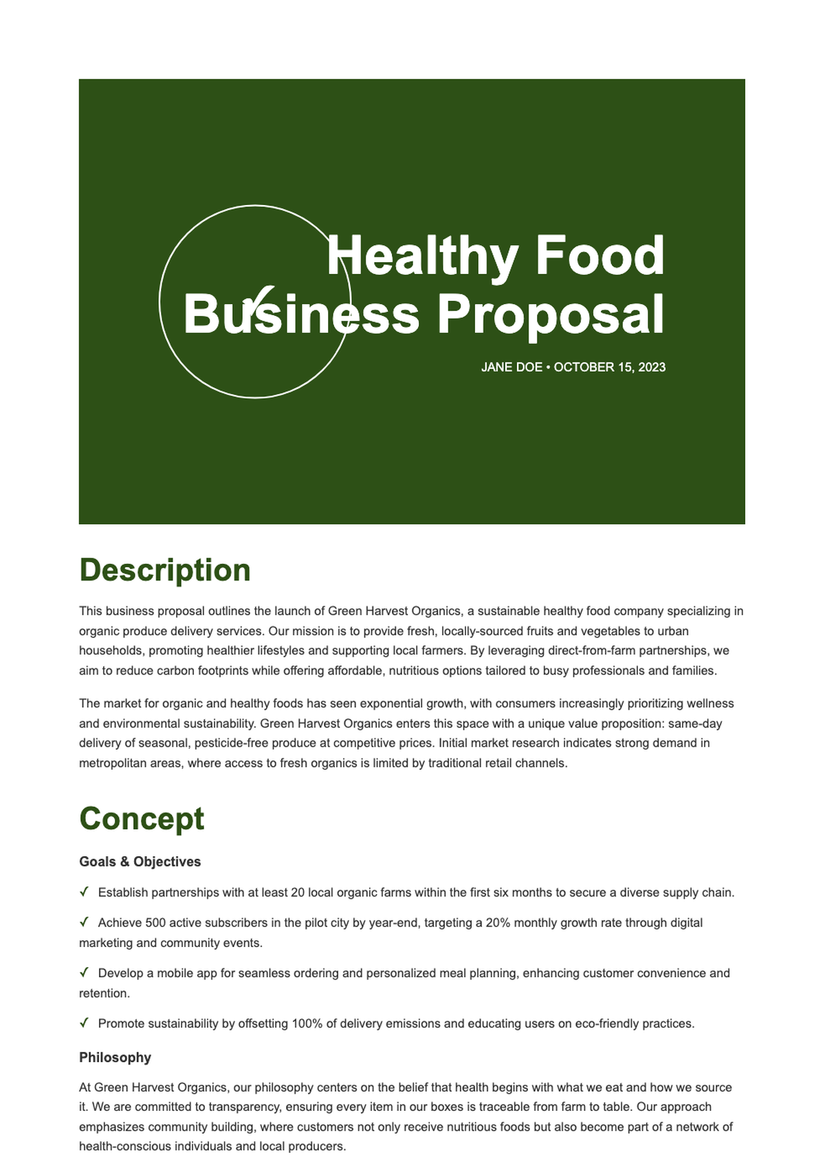 Healthy food business proposal with green header and expense breakdown_variant_2